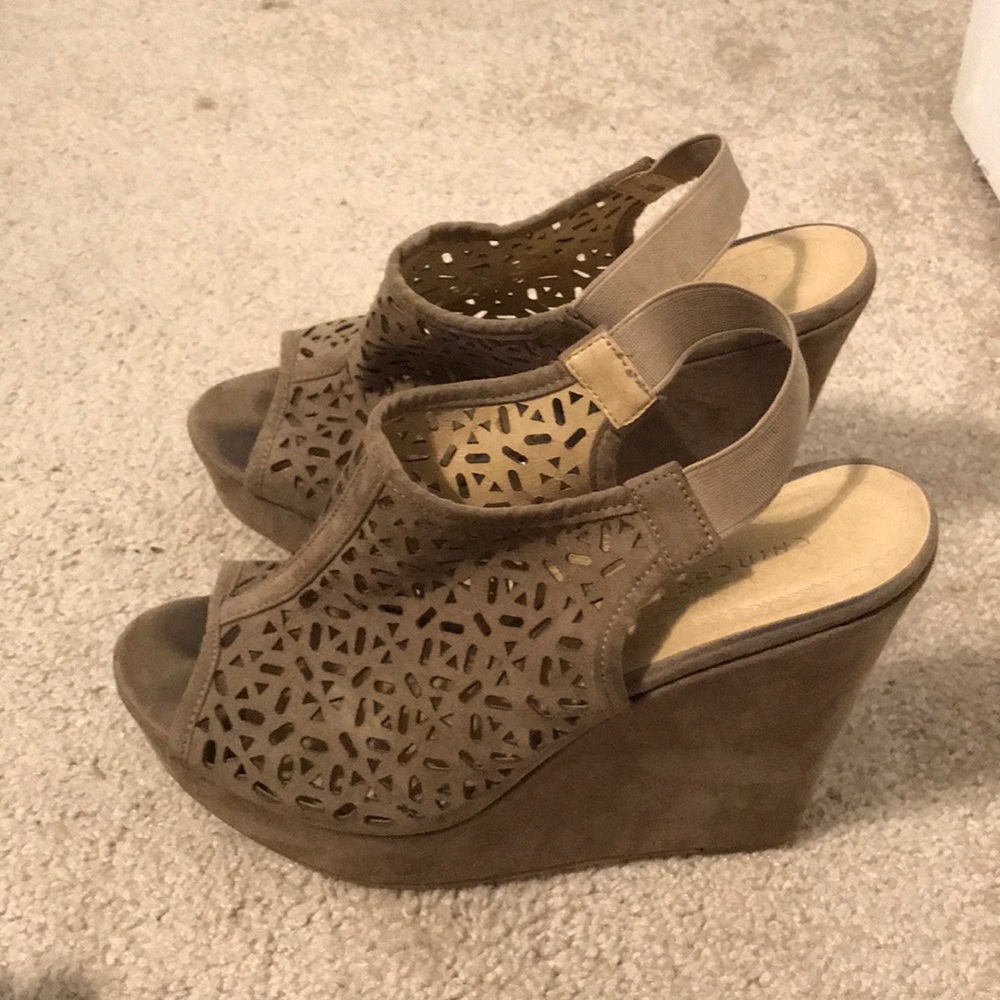 Brown peep toe wedges